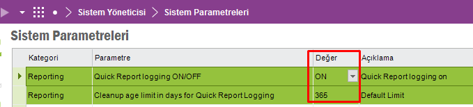 hızlı rapor log tutma ayarı