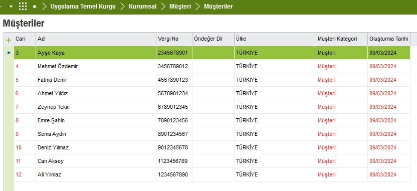 Toplu veri girişi yapıldıktan sonra müşteriler ekranı