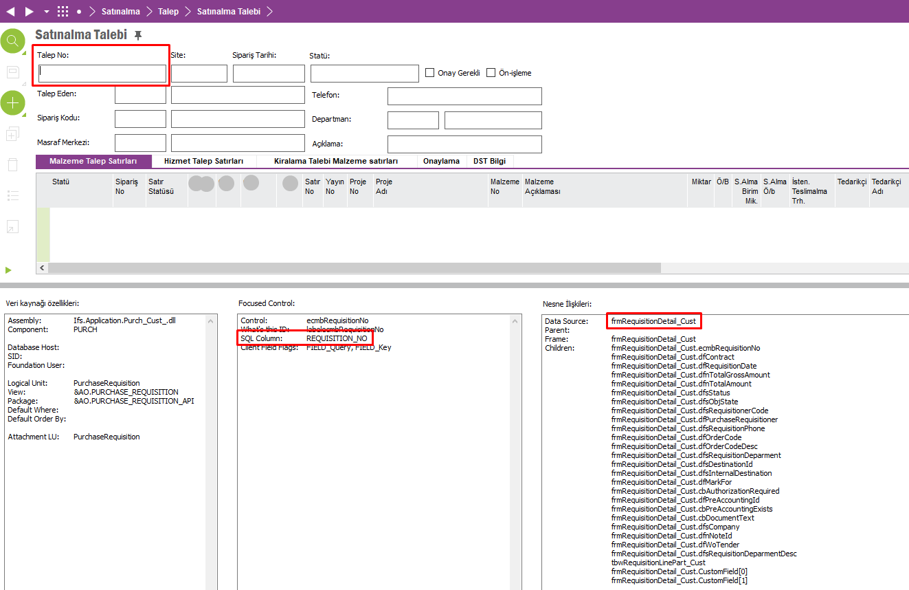 IFS ERP External Search Satınalma Talep Ekranı